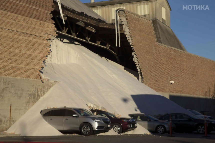 A view of a partially collapsed wall at the Morton Salt facility in Chicago