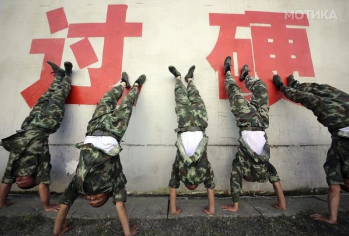 Paramilitary policemen practise handstands during a summer drill in Hangzhou